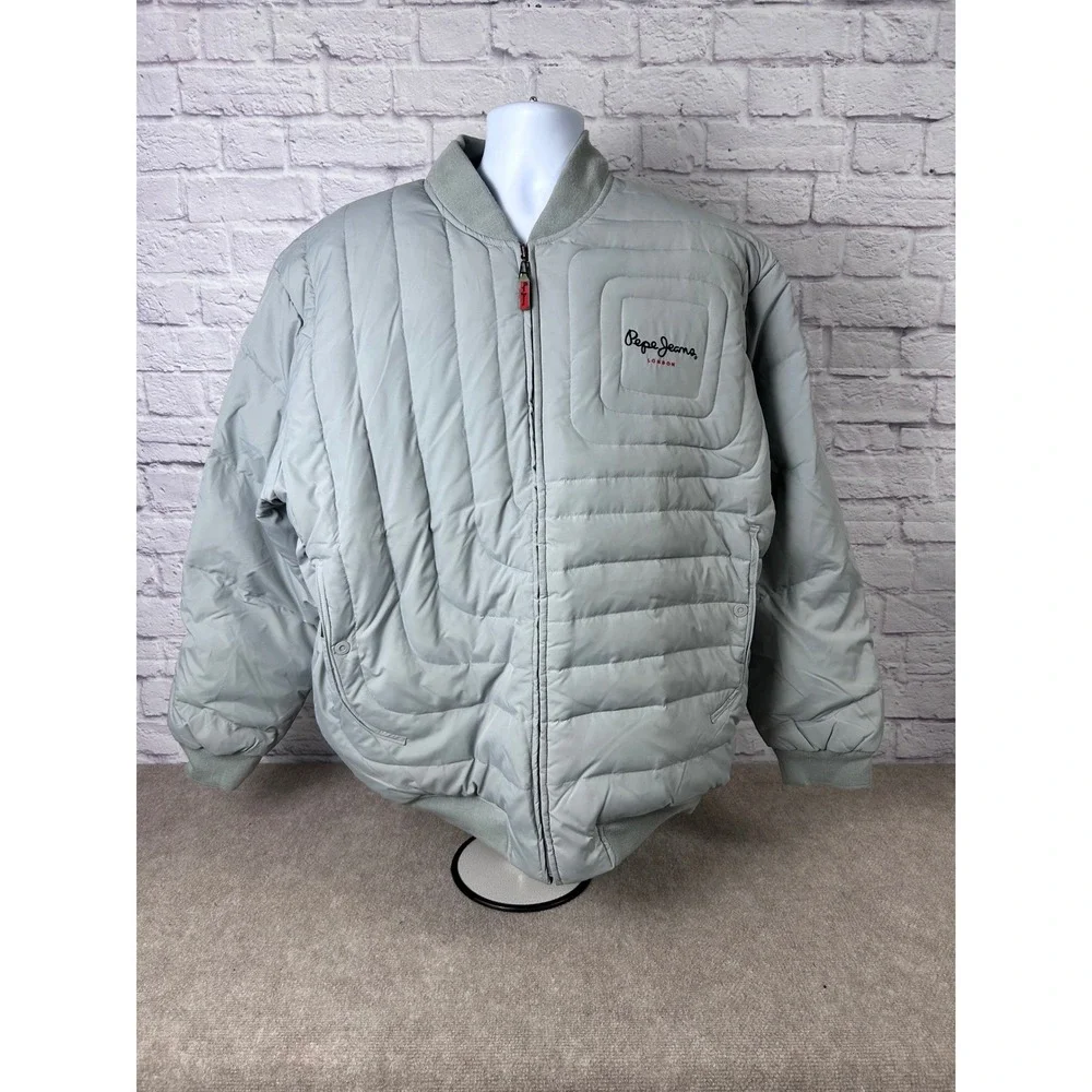 VTG Pepe Jeans London Quilted Bomber Jacket Mens XXL Gray Full Zip Puffer‎ Coat